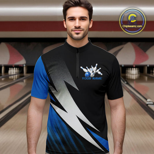 Black And Blue Custom Bowling Jerseys, Men Quarter-Zip Shirt Bowling Tournament Outfits IPHW9078