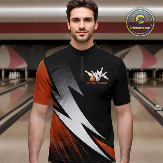 Black And Orange Custom Bowling Jerseys, Men Quarter-Zip Shirt Bowling Tournament Outfits IPHW9080