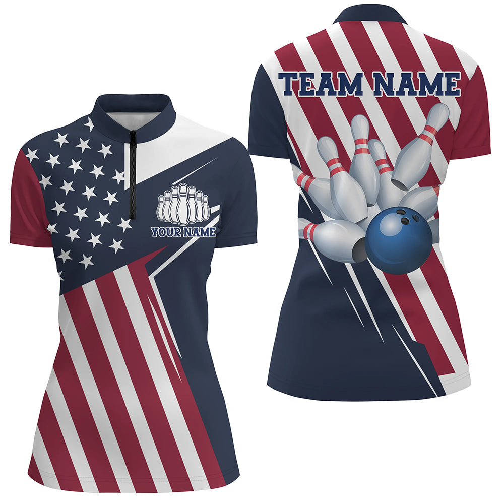Custom Patriotic Bowling Shirts For Women, US Bowling Team Shirts American Flag Shirt IPHW7394