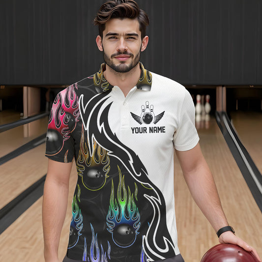 Colorful Rainbow Flame Ball Custom Bowling Team Men Polo Shirts, Fire Bowling League Shirt IPHW8865