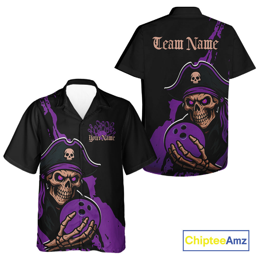 Custom Black And Purple Pirate Bowling Men And Women Hawaiian Shirt, Pirate Bowling Team Jerseys IPHW10708