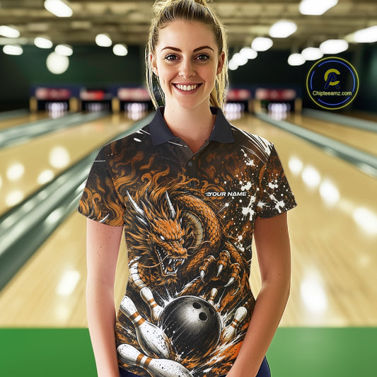 Woman wearing a custom bowling shirt with a dragon design in a bowling alley.