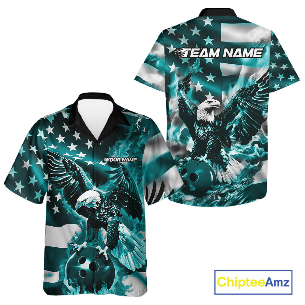 Custom Blue Flaming American Flag Eagle Bowling Team Men And Women Shirt, Patriotic Bowlers Outfit IPHW10780
