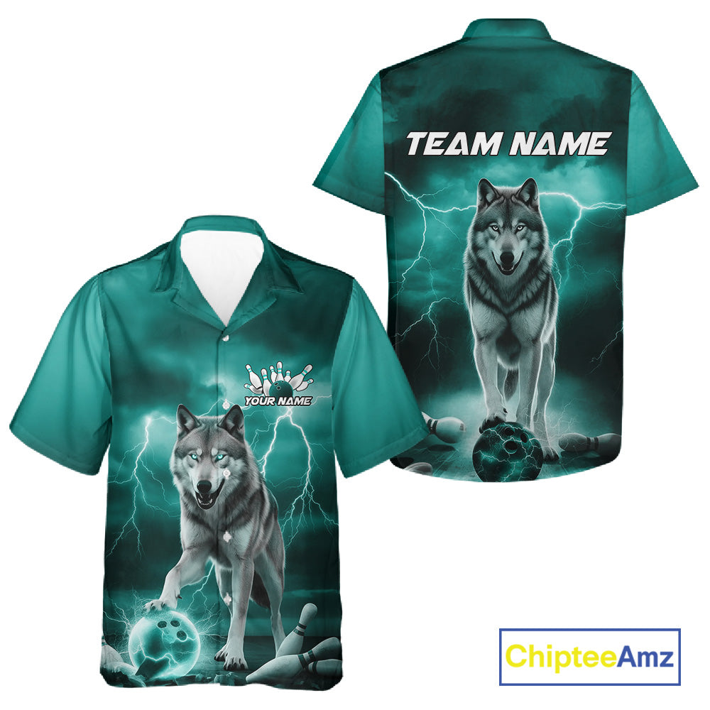 Custom Teal Blue Ligtning Wolf Bowling Team League Shirts For Men And Women, Bowler Outfits IPHW10789