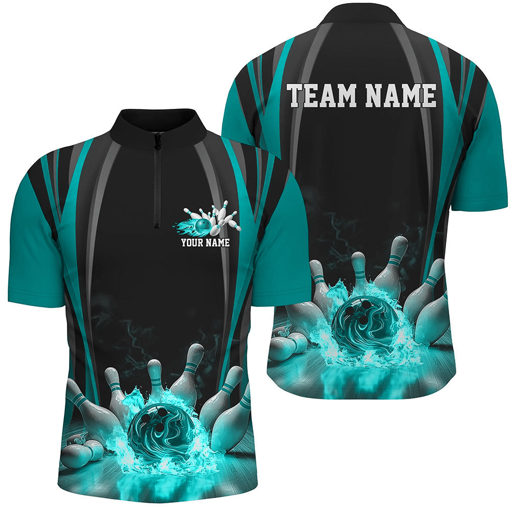 Black And Blue Bowling Jersey Custom Flame Bowling Shirts For Men, Bowling Team Uniform IPHW7511