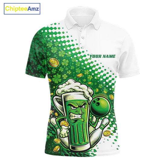 Custom Funny St Patricks Day Beer Bowling Team Shirts, Green Shamrock And Gold Coin Bowling Jerseys IPHW10521