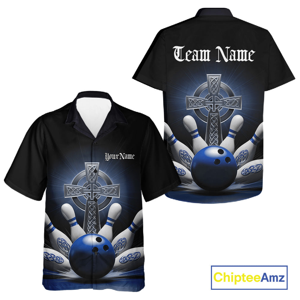 Front and back view button up bowling shirt mockup, black shirt featuring blue Celtic cross and explosive bowling ball hitting pins design