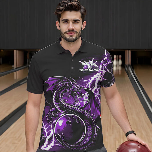 Custom Black And Purple Thunder Lightning Dragon Bowling Polo Shirts For Men, Bowlers Outfits IPHW8664