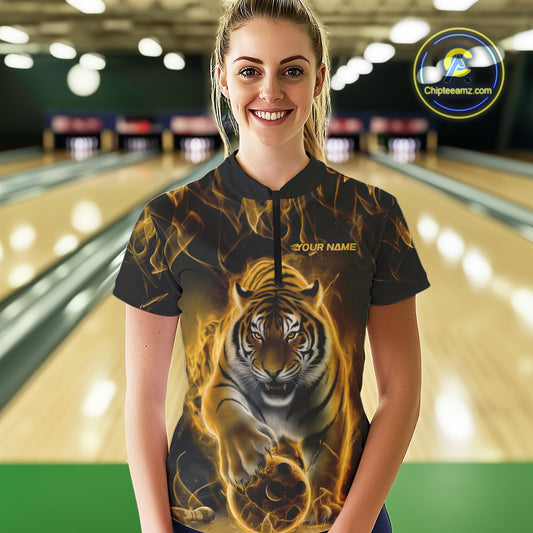 Custom Yellow Flame Tiger Bowling Quarter-Zip Shirts For Women, Tiger Bowling Team Shirt IPHW9763