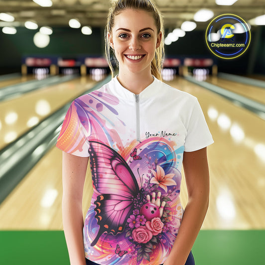 Custom Colorful Butterfly And Roses Flowers Bowling Women Quarter-Zip Shirts With Name IPHW10298