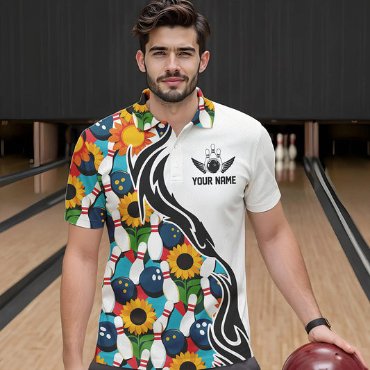 Custom Sunflower Bowling Pattern Polo Shirts For Men, Sunflower Bowling Team Shirts IPHW8439