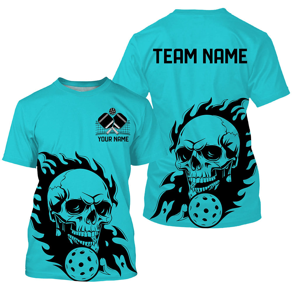 Blue Custom Flame Skull Pickleball T-Shirts For Men, Halloween Pickleball Team Outfits Halloween Pickleball Gifts IPHW7557
