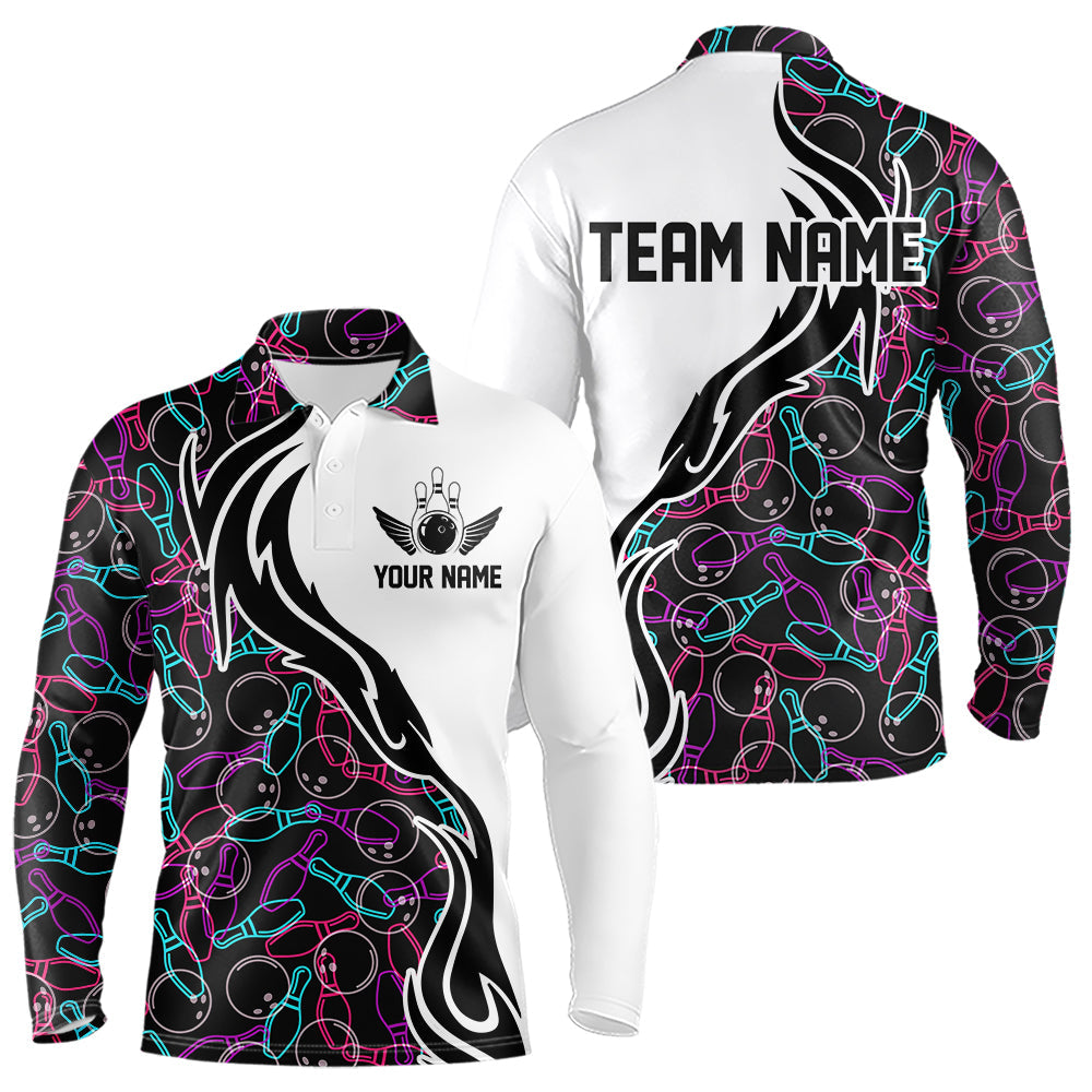 Customized Name Bowling Team Long Sleeve Polo Shirts For Men Bowling Pattern Bowling League Jerseys IPHW5486