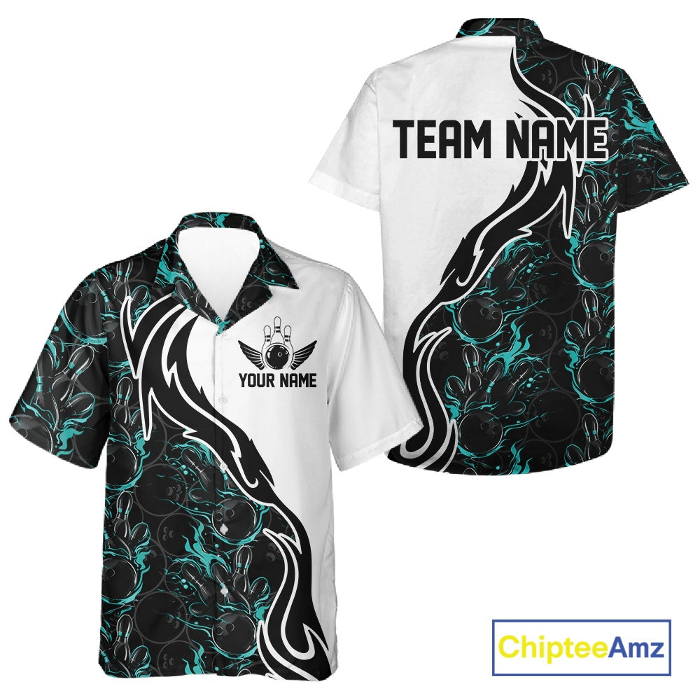 Custom Black And Turquoise Blue Flame Bowling Team Shirts, Men And Women Bowling League Shirt IPHW10544