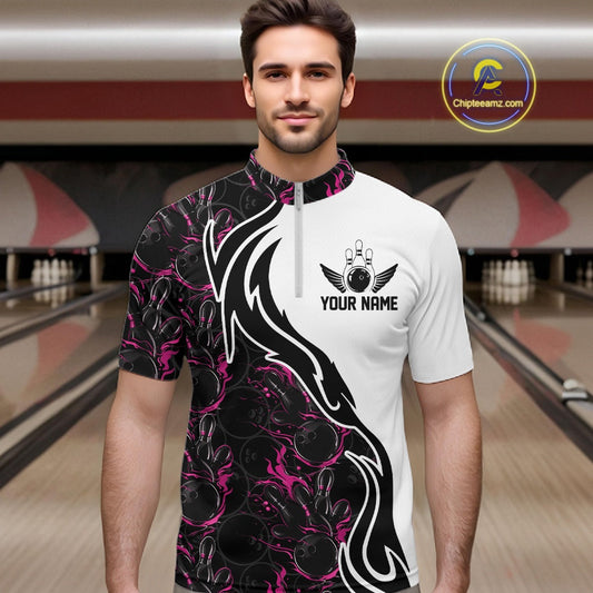 Custom Black And Pink Flame Bowling Team Shirts, Bowling League Shirt Men Bowling Jersey IPHW10546