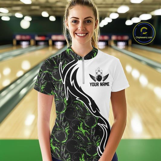 Custom Black And Green Flame Bowling Team Shirts, Bowling League Shirt Women Jersey IPHW10547