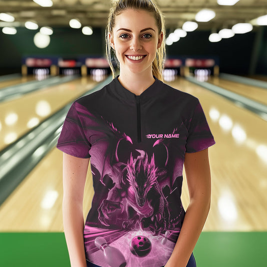 Custom Black And Pink Dragon Bowling Jerseys, Dragon Bowling Team Women Quarter-Zip Shirts IPHW8956