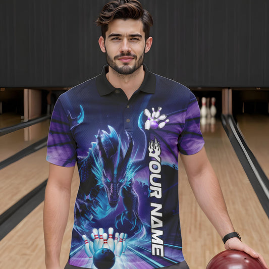 Custom Blue And Purple Dragon Bowling Polo Shirts For Men, Dragon Bowling League Shirt IPHW8958
