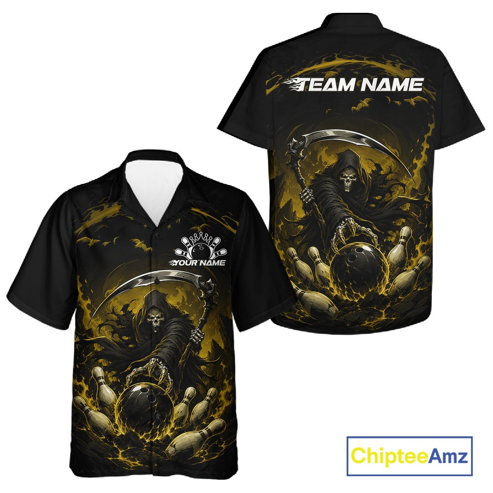 Front and back view of a button-up bowling shirt mockup featuring a grim reaper commanding a blazing bowling ball crashing into scattered pins through swirling flames on a black and yellow shirt.