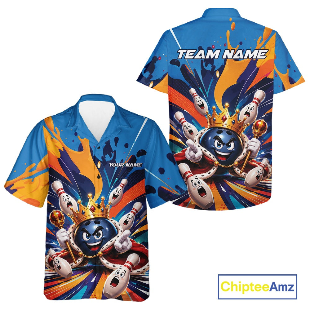 Front and back view of a button-up bowling shirt mockup featuring a crowned cartoon bowling ball holding a royal scepter surrounded by cheering animated bowling pins and colorful paint splashes.