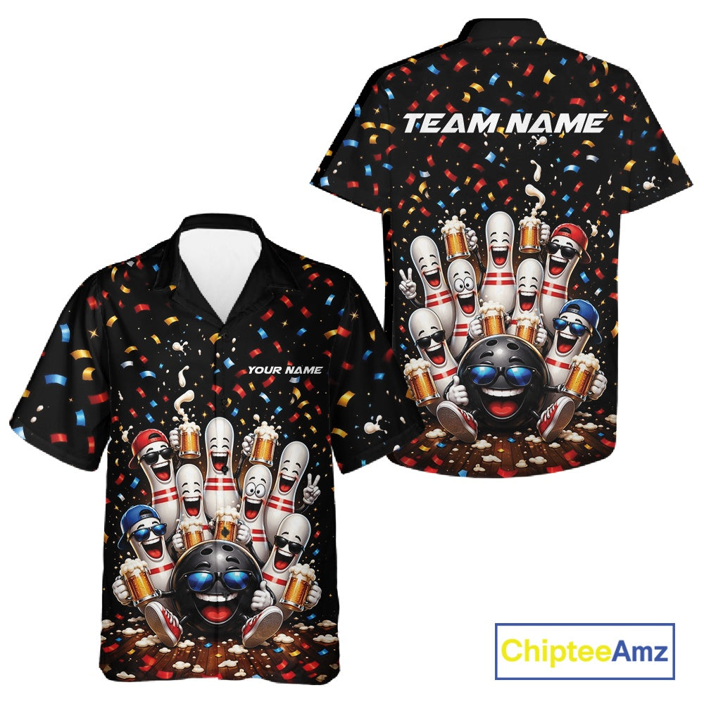 Front and back view of a button-up bowling shirt mockup featuring funny cartoon bowling balls and animated pins raising frothy beer mugs beneath falling confetti.
