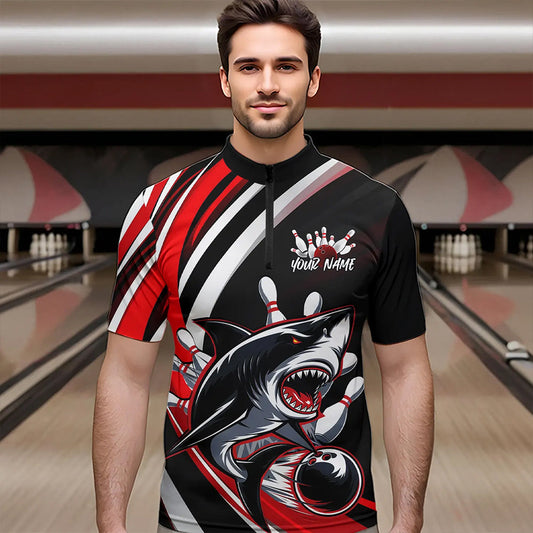 Custom Black And Red Shark Bowling Quarter-Zip Shirts For Men, Shark Bowling Team Jerseys IPHW8722