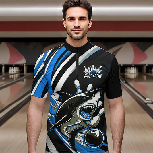 Custom Black And Blue Shark Bowling Quarter-Zip Shirts For Men, Shark Bowling Team Jerseys IPHW8724