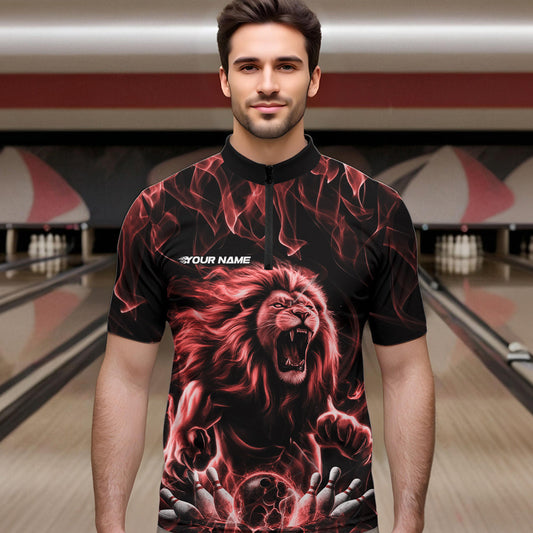 Custom Black And Red Flame Lion Bowling Men Quarter-Zip Shirts, Lion Bowling Team Uniform IPHW8983