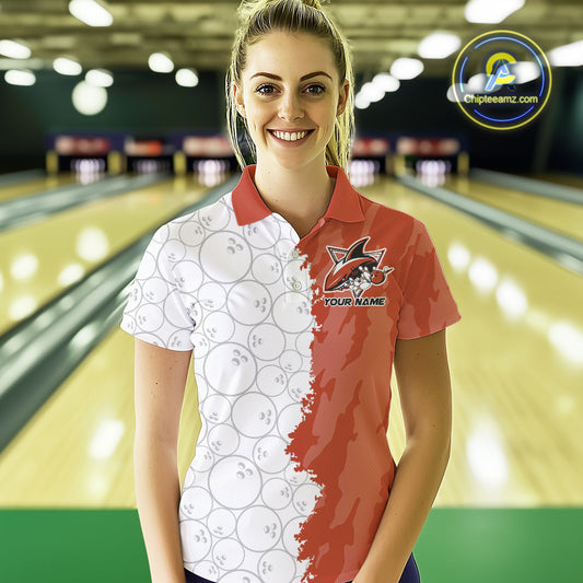 Custom White And Orange Shark Bowling Polo Shirts For Women, Shark Bowling League Shirt IPHW8991
