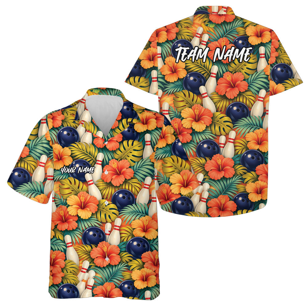 Custom Tropical Leaves And Hibiscus Flower Golden Bowling Ball Hawaiian Bowling Team Shirt IPHW10845