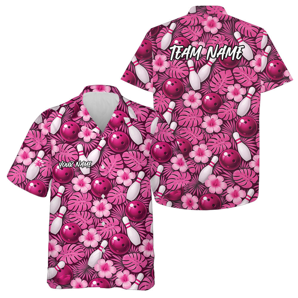 Custom Pink Tropical Leaves And Hibiscus Flower Hawaiian Bowling Shirts For Men And Women IPHW10848