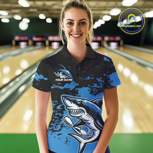 Custom Black And Blue Camo Shark Bowling Team Women Polo Shirts, Bowling Tournament Shirt IPHW8996