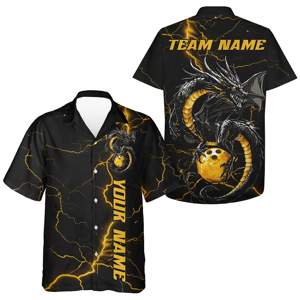 Custom Black And Gold Thunder Lightning Custom Dragon Bowling Men Hawaiian Shirts Team Outfits IPHW7309