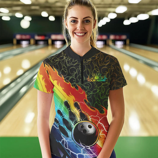 Custom Rainbow Flame Bowling Team Women Quarter-Zip Shirts, Colorful Bowling League Shirt IPHW8785