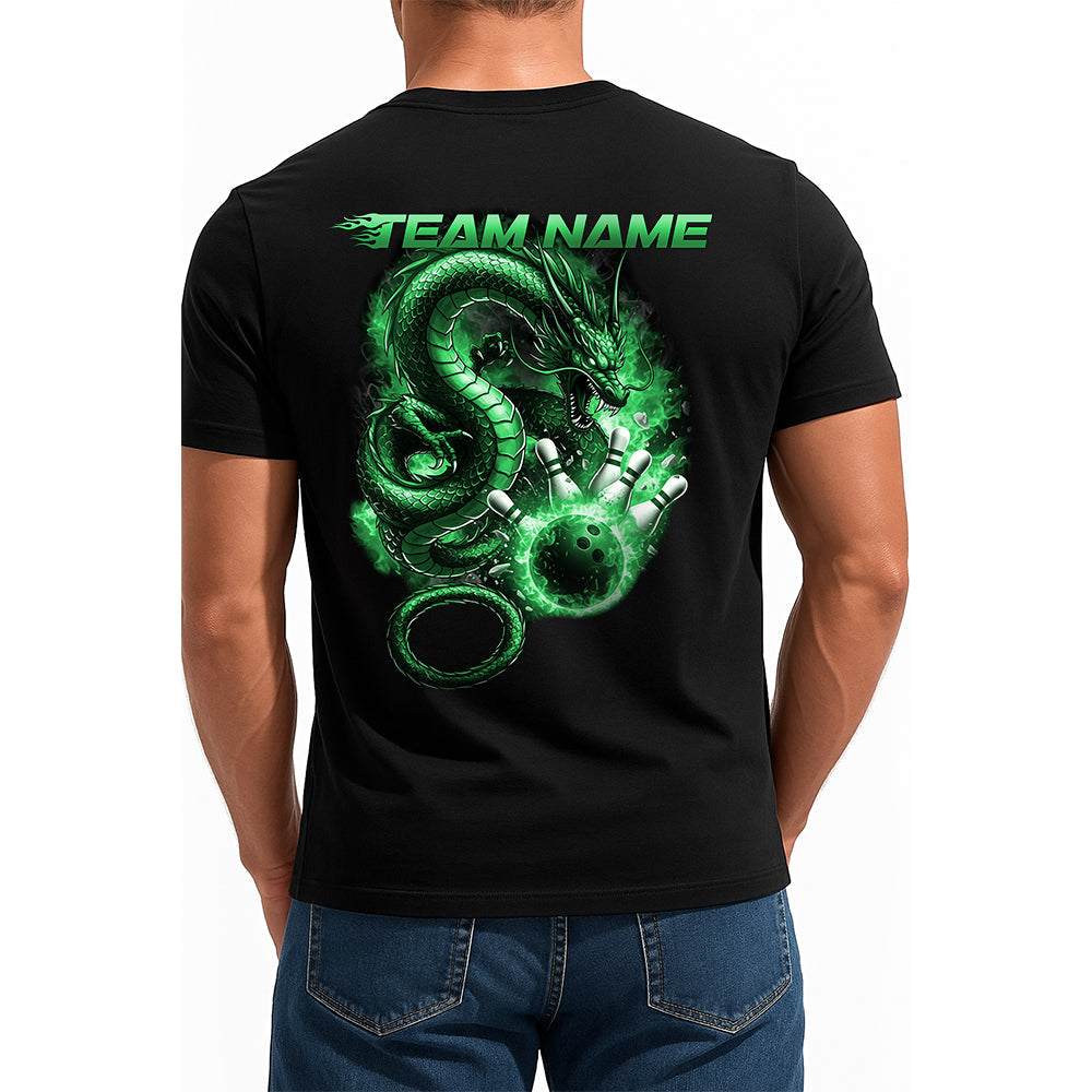 Custom Flame Dragon Bowling T-Shirts For Men, Green Fire Bowling Ball Shirt IPHW9068