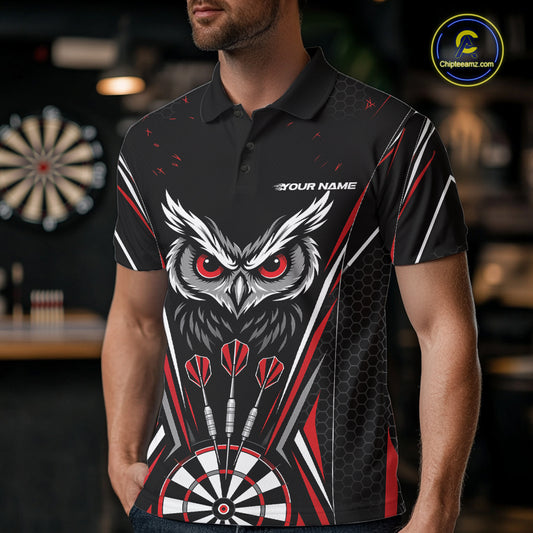 Custom Black And Red Owl Darts Polo Shirts For Men, Darts Team Jerseys IPHW11722