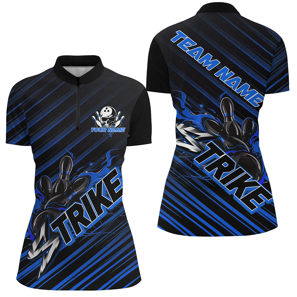 Custom Black And Blue Flame Strike Bowling Shirts For Women, Bowling League Bowling Uniform IPHW7339