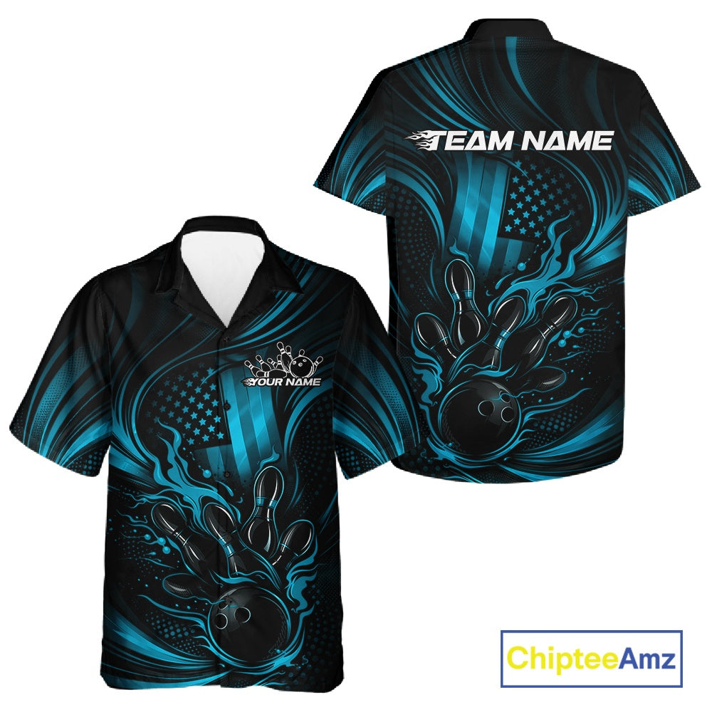 Front and back view of a black and turquoise blue button-up bowling shirt featuring patriotic flames around a bowling ball striking pins.