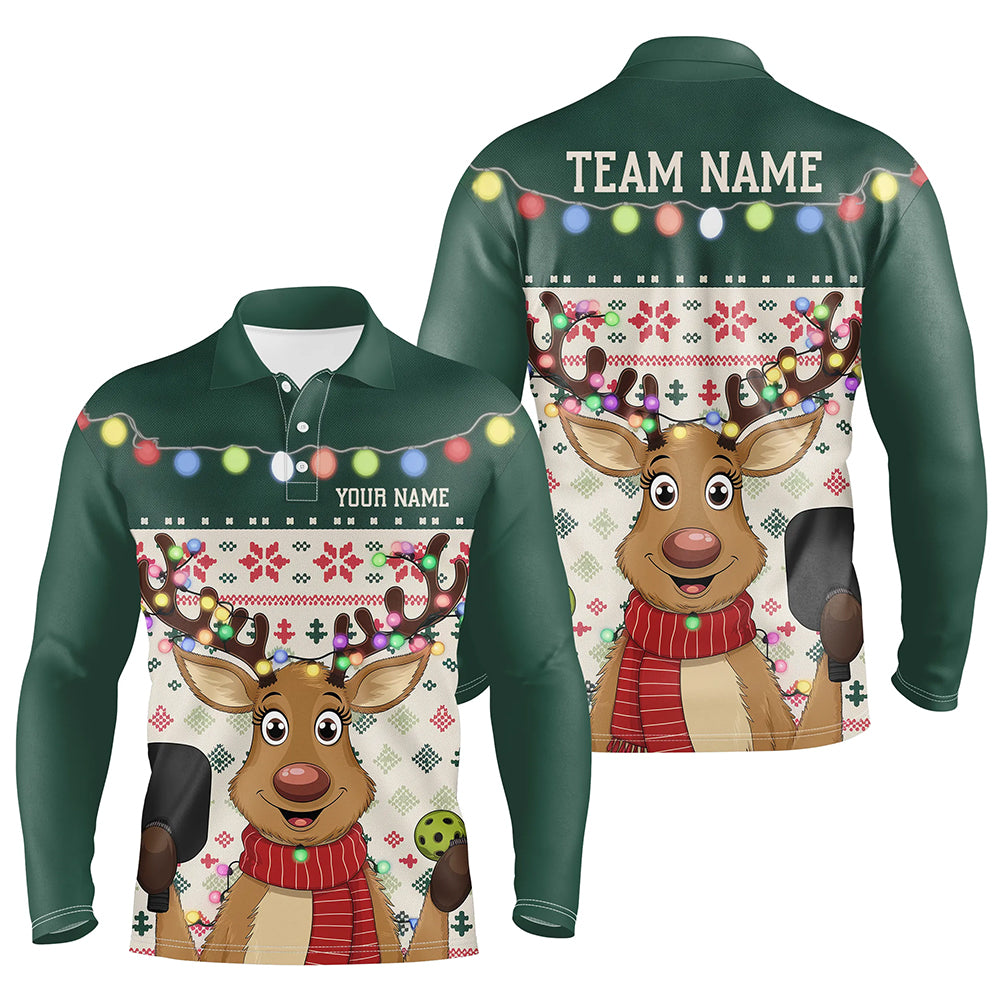 Custom Funny Christmas Reindeer Pickleball Long Sleeve Polo Shirts For Men, Pickleball Outfit IPHW8088