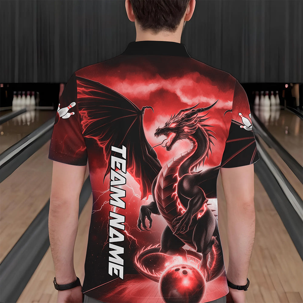 Custom Red Thunder Lightning Dragon Bowling Polo Shirts For Men, Dragon Bowling Uniform IPHW8303