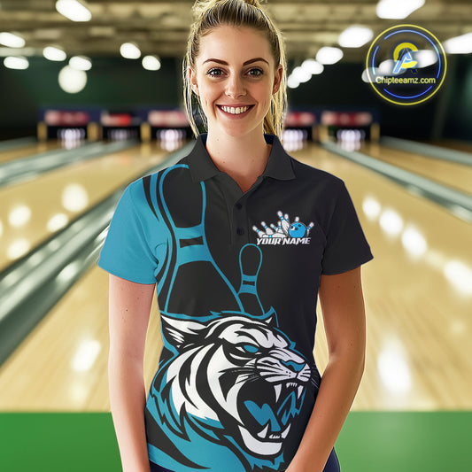 Custom Black And Cool Blue Tiger Bowling Jerseys, Tiger Bowling Team Women Polo Shirts IPHW9016