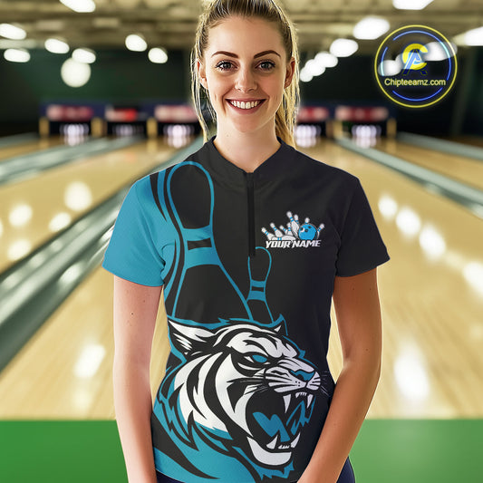 Custom Black And Cool Blue Tiger Bowling Jersey Bowling Team Women Quarter-Zip Shirt IPHW9016