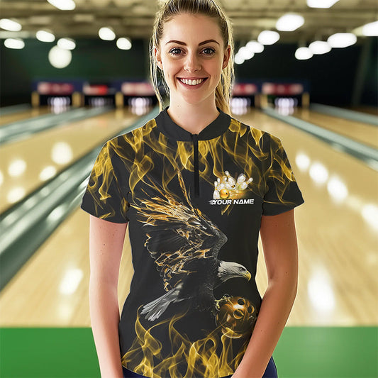 Custom Black And Gold Flame Eagle Bowling Women Quarter-Zip Shirts, Bowling League Shirt IPHW8801