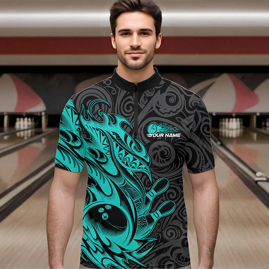 Custom Black And Blue Tribal Polynesian Bowling Team Men Quarter-Zip Shirt, Niho Mano Bowling Shirt IPHW8813