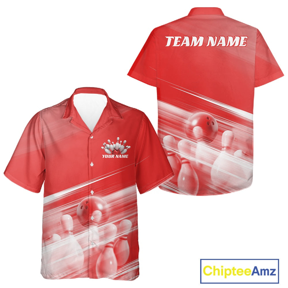 Front and back red button up bowling shirt mockup with bowling ball and pins artwork blended into a pink geometric background.