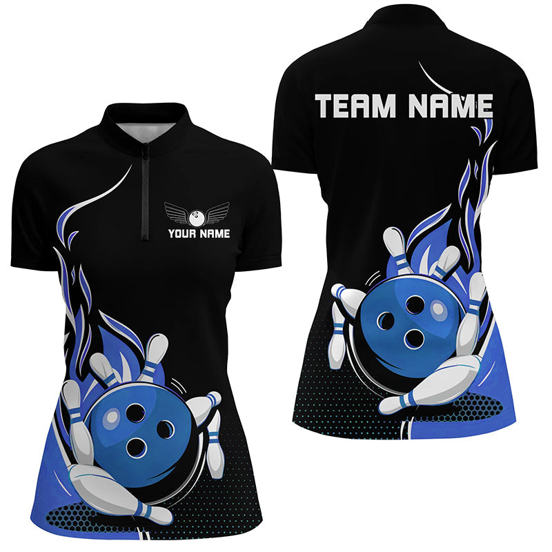 Custom Blue Flame Bowling Shirts For Women, Team Bowling Uniform Outfit Bowling IPHW7384