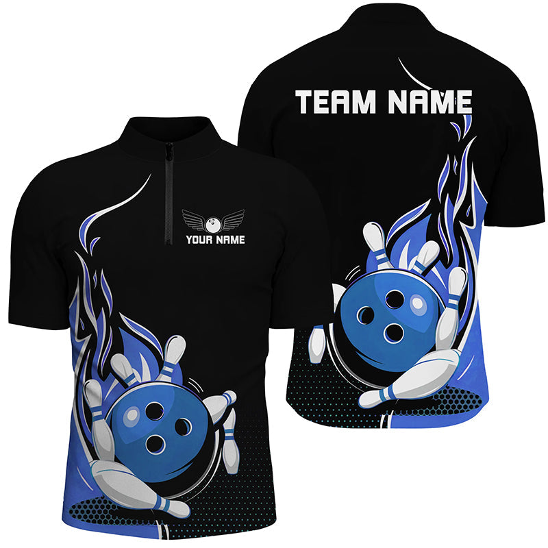 Custom Blue Flame Bowling Shirts For Men, Team Bowling Uniform Outfit Bowling IPHW7384