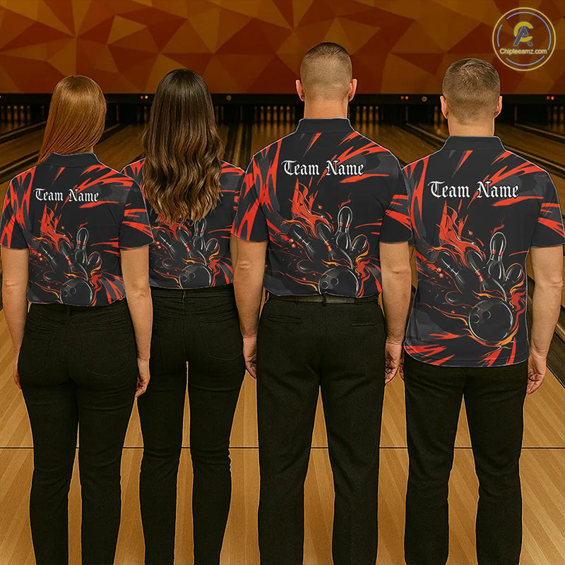 Black And Orange Custom Flame Bowling Shirts For Men, Bowling Team Shirt Bowling Uniform Outfit IPHW7400
