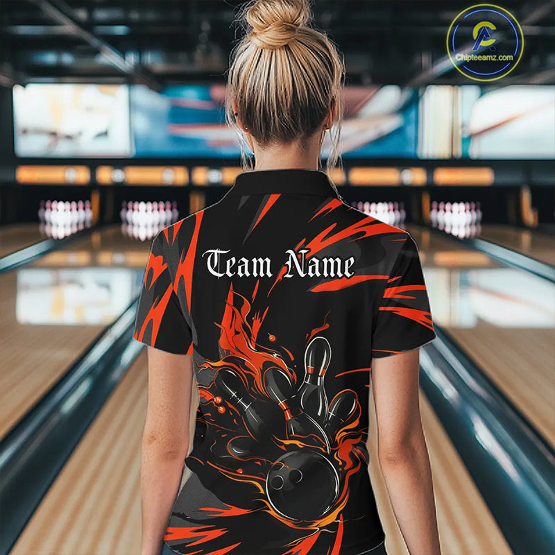 Black And Orange Custom Flame Ladies Bowling Shirts, Bowling Team Shirt Bowling Uniform IPHW7400