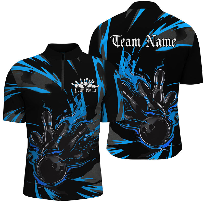 Black And Blue Custom Flame Bowling Shirts For Men, Bowling Team Shirt Bowling Uniform Outfit IPHW7401